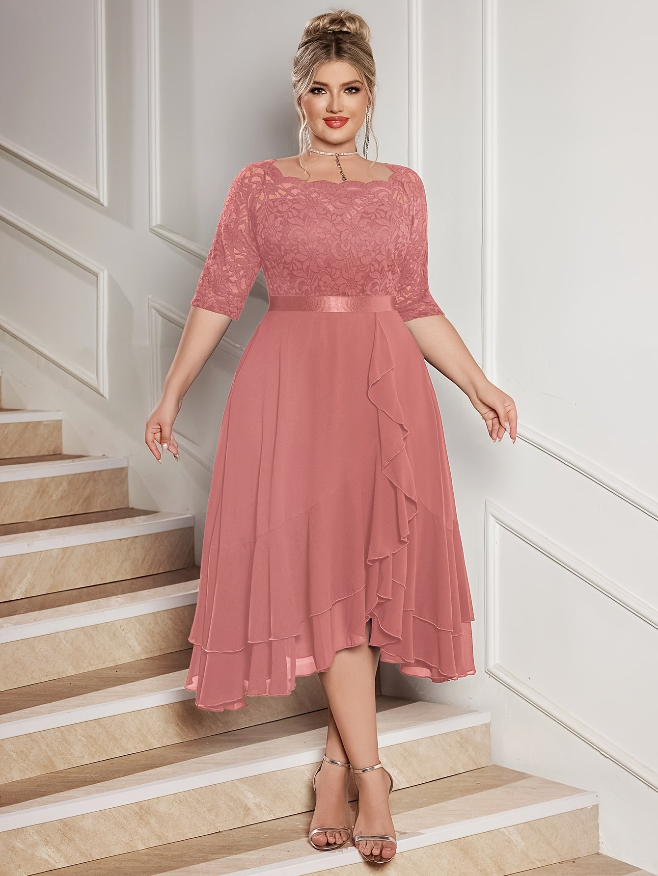 Plus Size Off Shoulder Lace Chiffon Midi Dress Ruffle Sleeve Wedding Party