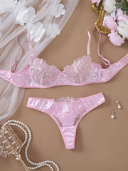 Pink Flower Embroidery Lingerie Set for Women Valentine's Day Gift