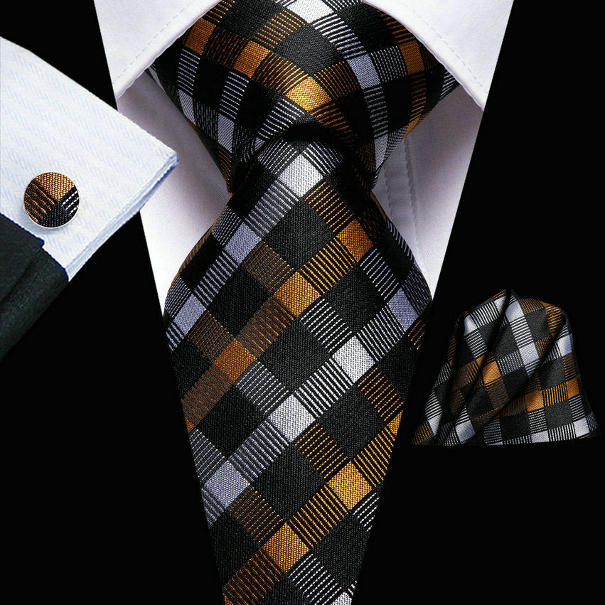 Men's Plaid Necktie Set with Hanky and Cufflinks for Weddings Business and Parties
