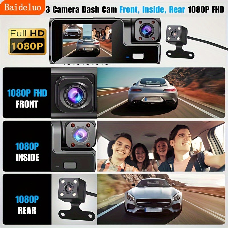 Three-Lens 1080P HD Car Dashcam with Night Vision and Reversing Camera