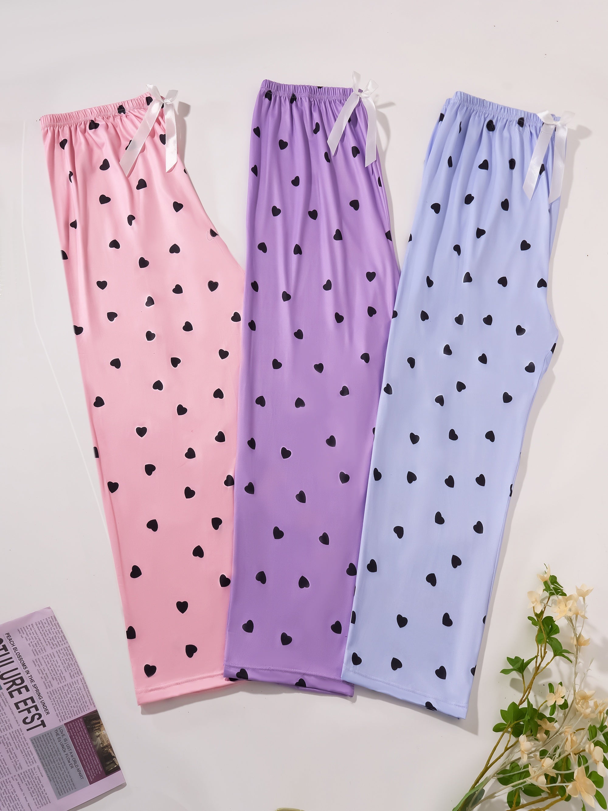 Women's Plus Size Sleep Pants Heart Print Bow Elastic Waist Loose Lounge Trousers