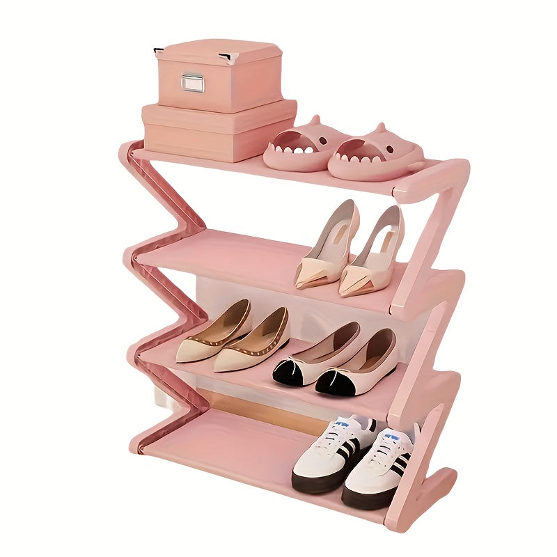 4-Tier Z-Shaped Plastic Shoe Rack with Black Cloth Finish Stackable Home Organizer