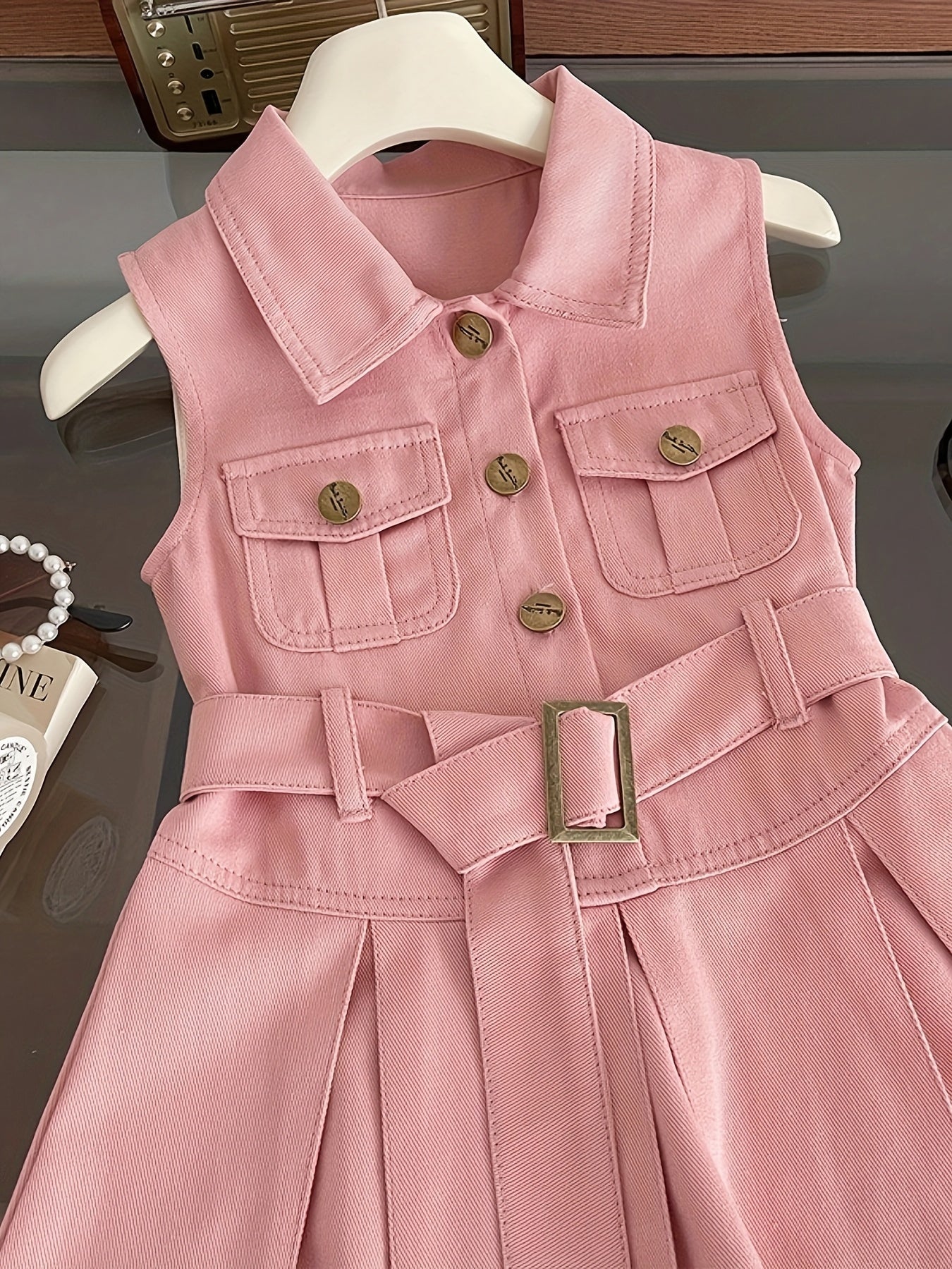 Girls Summer Denim Skirt Knee Length Sleeveless Waist-Cinched Collar Casual Non-Stretch