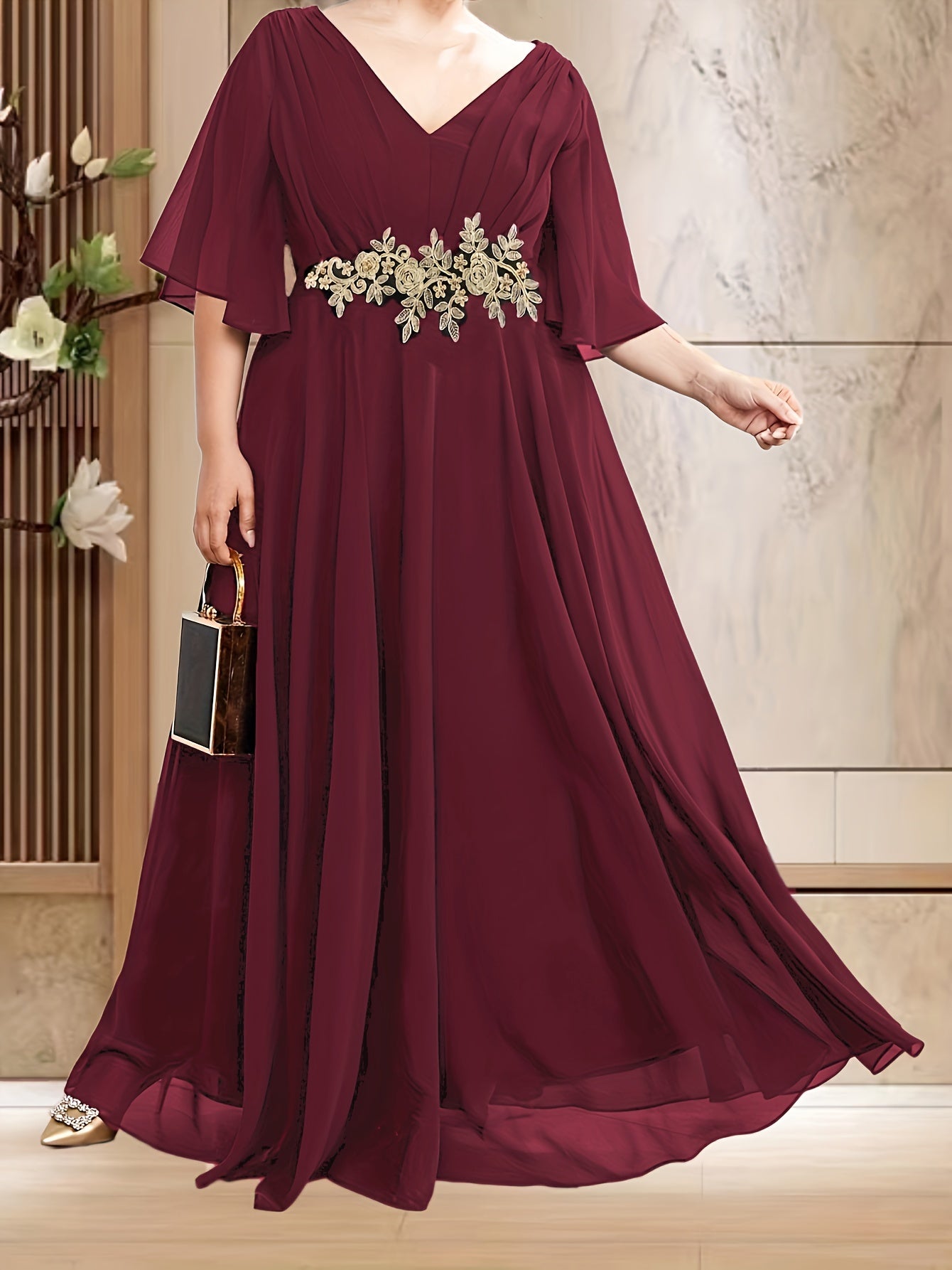 Платье для подружек невесты большого размера с цветочным рукавом и V-образным вырезом, короткий рукав, свадебное