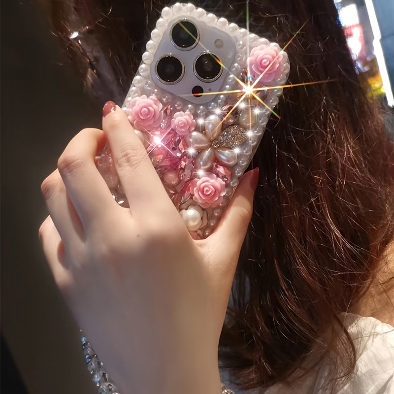 Pearl Frame Crystal Flower Phone Case for iPhone 16 Pro Max with Lanyard and Shockproof TPU