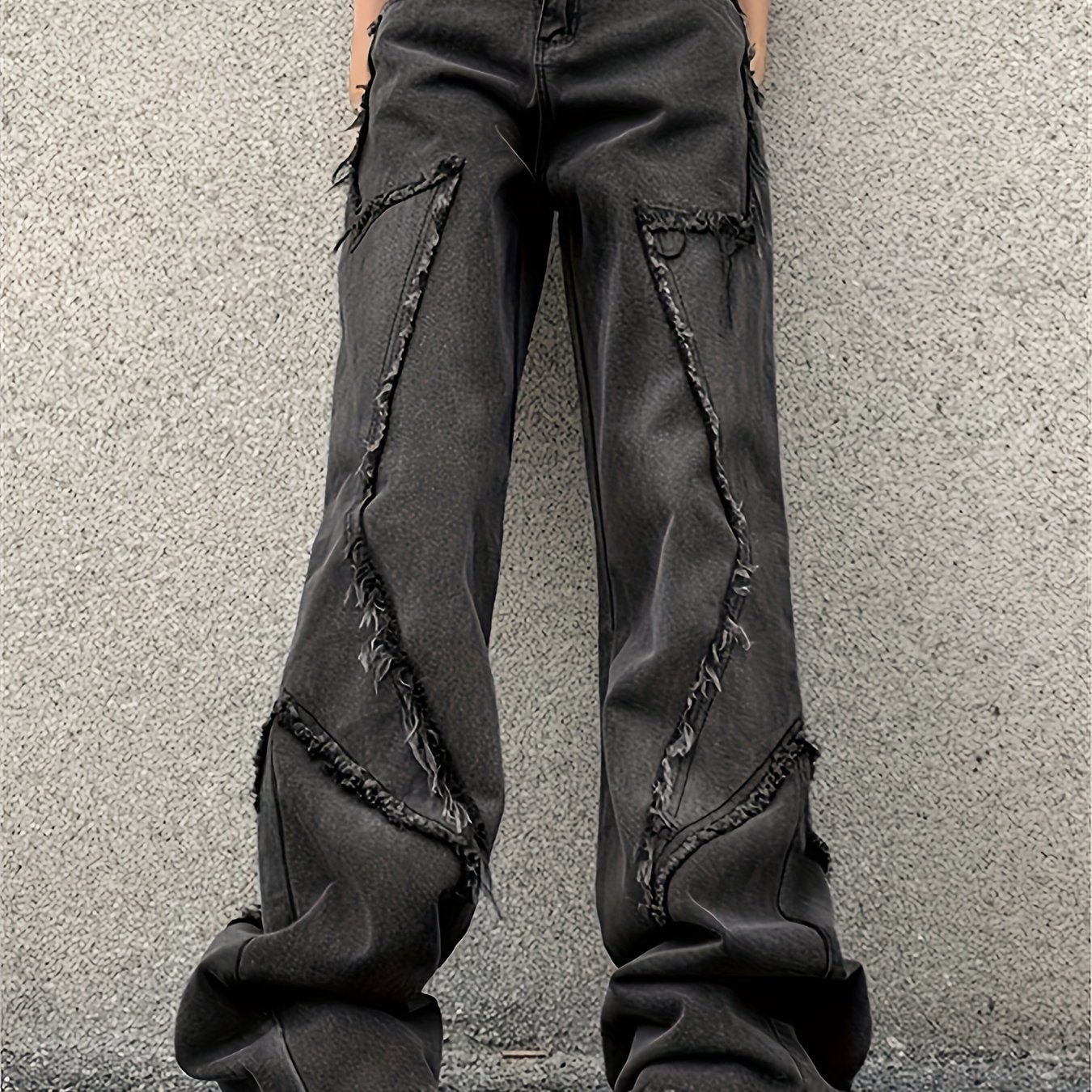 Men's Black Frayed Hem Wide-Leg Jeans 80% Cotton Relaxed Fit Casual Pants