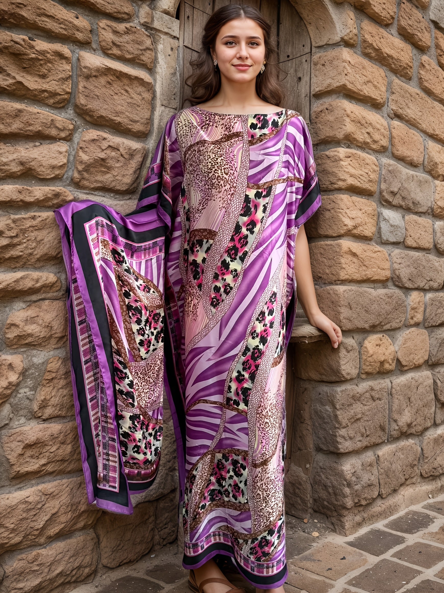 vestido largo de mujer de tallas grandes con estampado geométrico y bufanda para todas las estaciones en morado, marrón, rosa y negro