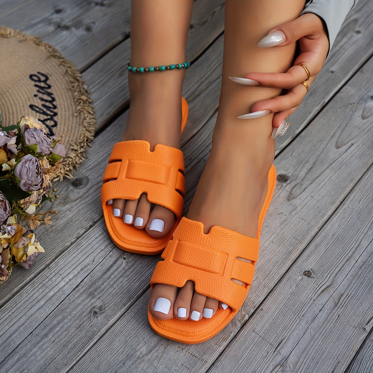 Women's Black EVA Flat Open Toe Beach Sandals Slip-On Casual