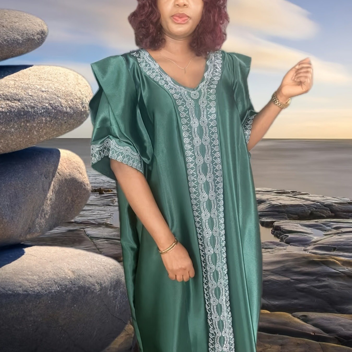 Women's Plus Size V-Neck Kaftan Dress with Rhinestone Embellishments Beige