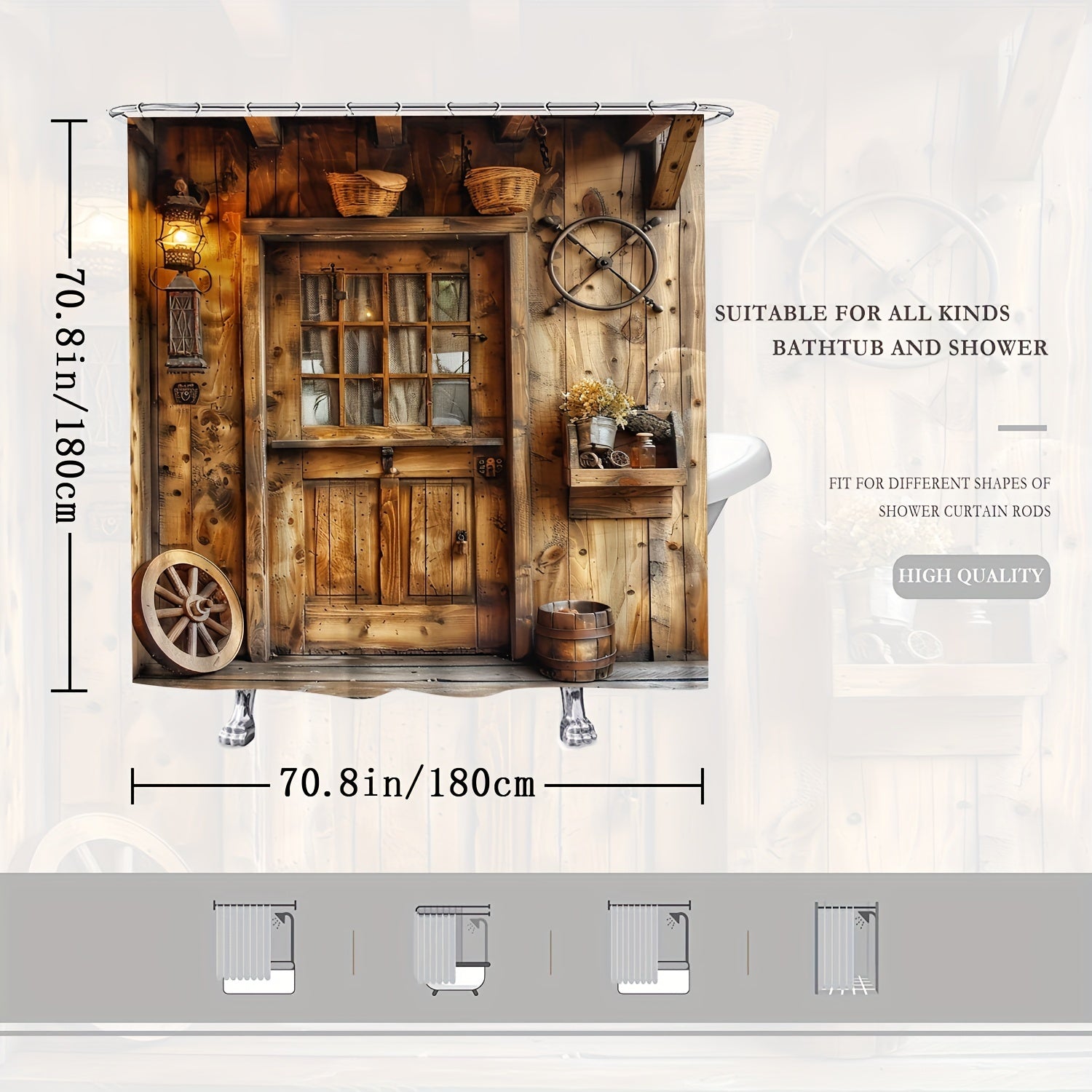 Farmhouse Style Shower Curtain Woven Polyester Vintage Wooden Wheel Lantern Design Includes Hooks