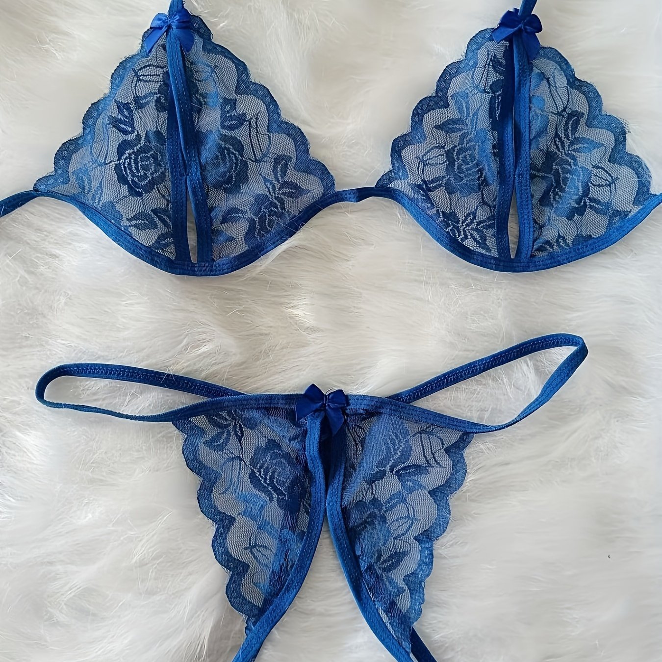 Lingerie Set with Deep V Neckline and See-Through Back, Includes Bra and Open Crotch Thong