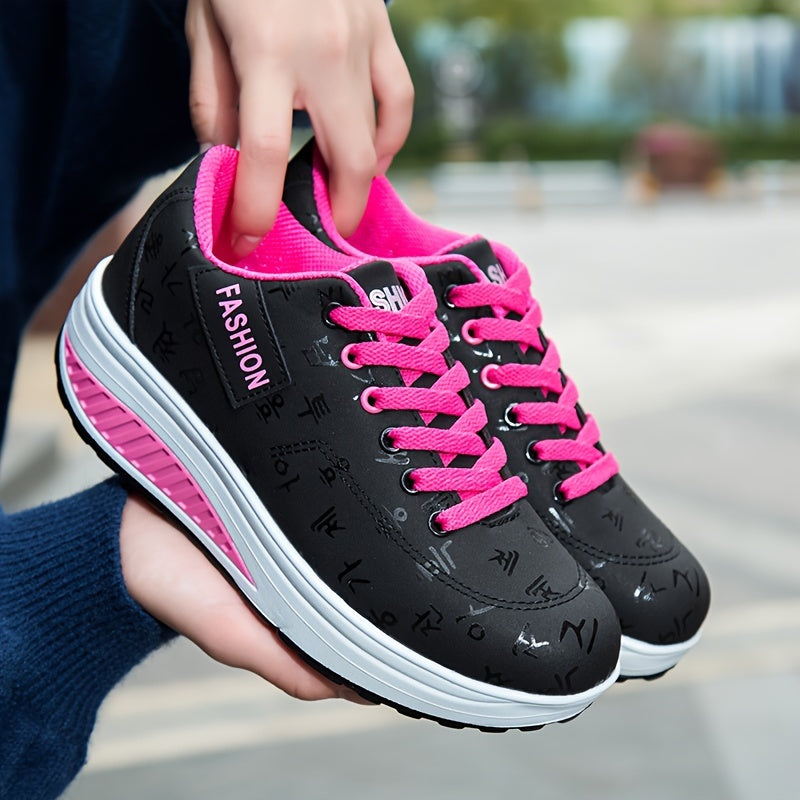 Ayollar uchun harf bosma Rocker sneakers, lentalar bilan platformali, kundalik poyabzal