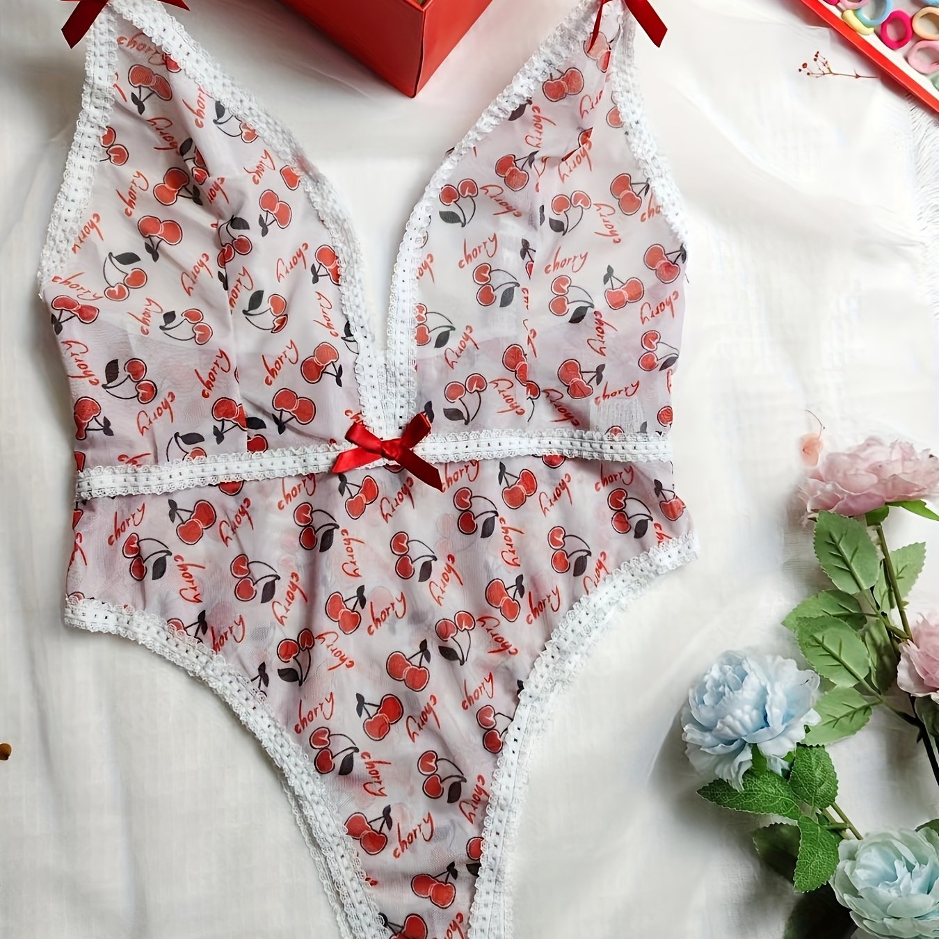 Women's Cherry Print Deep V Body Suit Short Sleeve Summer Fashion