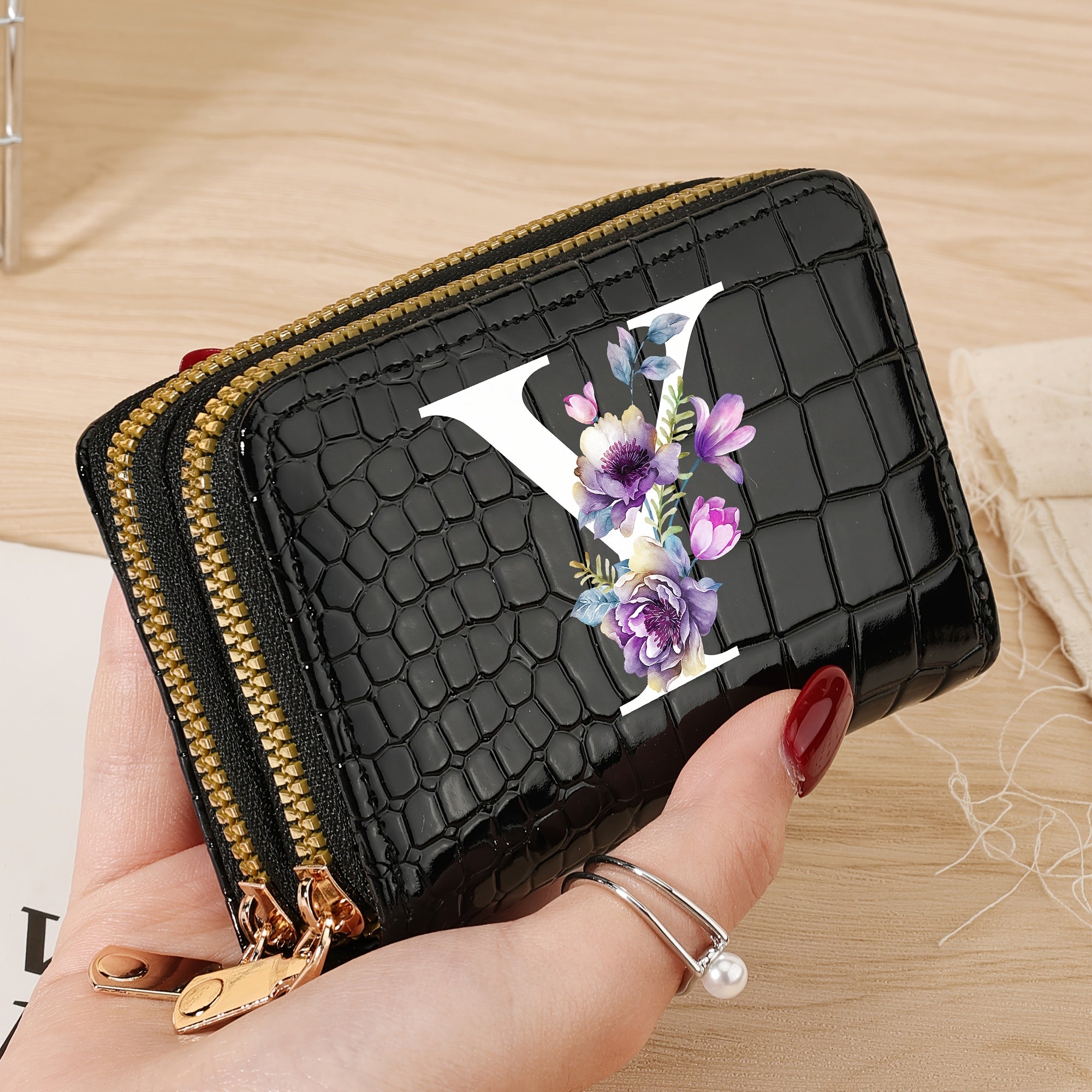 Minimalist Floral Credit Card Holder with Zipper Coin Purse for School and Back-to-School Supplies