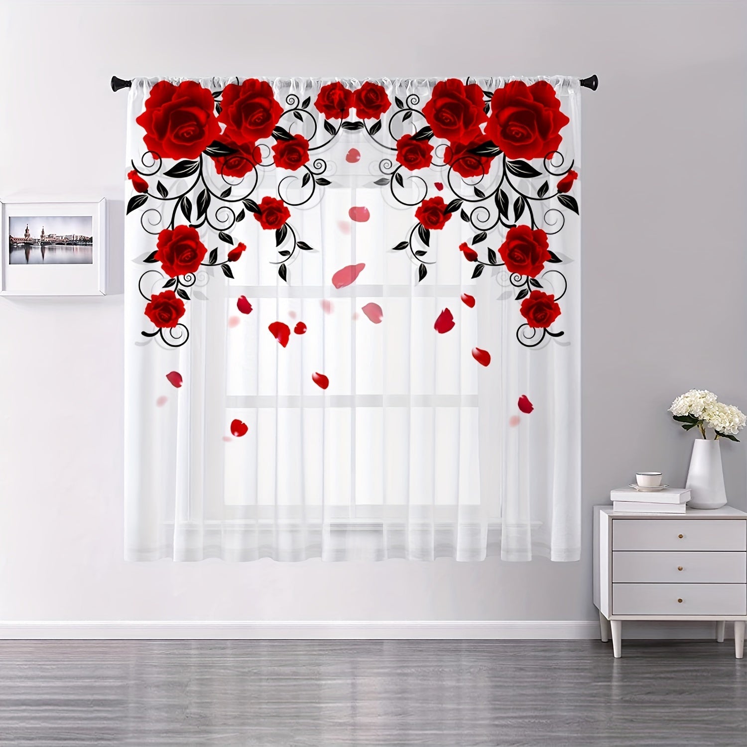 Red Rose Printed Curtain with Rod Pocket for Bedroom Living Room Kitchen Home Decor