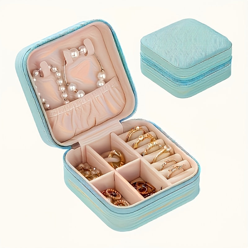 Faux Leather Jewelry Organizer Box for Travel with Compartments and Snap Closure