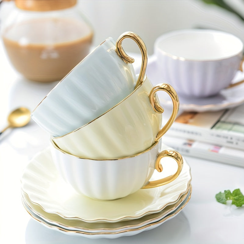 Bone China Coffee Set with Golden Rim Pastel Colors Glossy Finish Dishwasher Safe for Home or Party