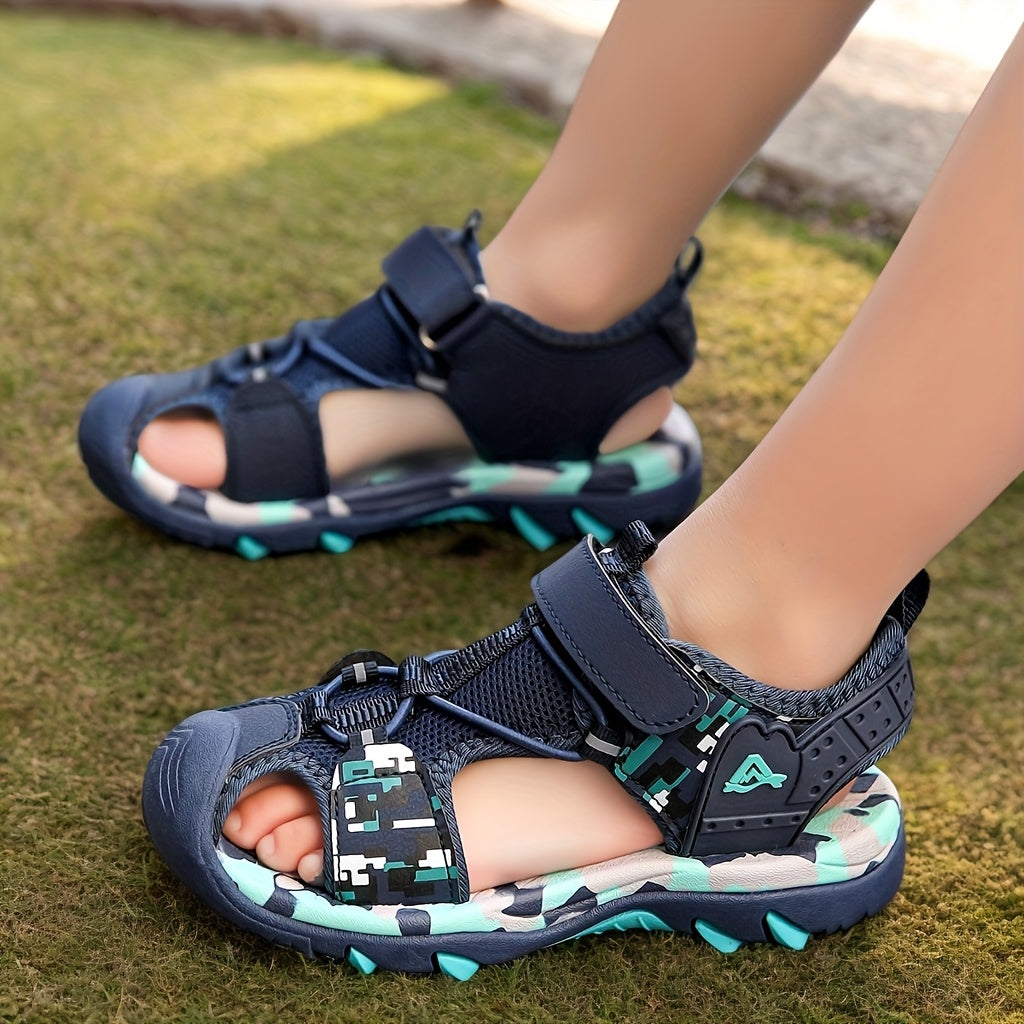 Sandalias deportivas casuales para niños con puntera redonda, cierre elástico y suela TPR