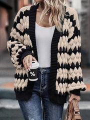 Plus Size Women's Color Block Cardigan Long Sleeve Open Front Sweater Geometric Pattern