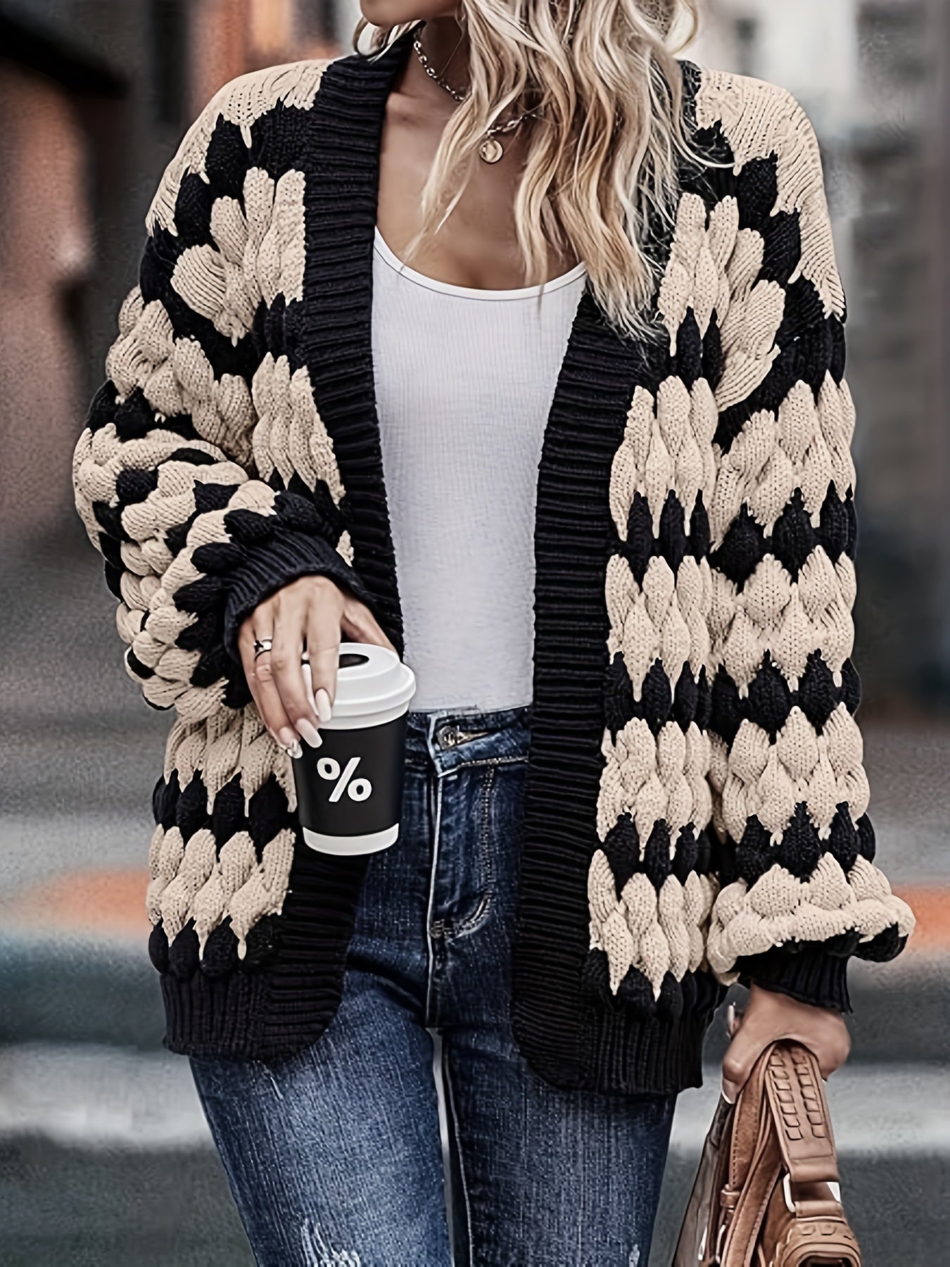 Plus Size Women's Color Block Cardigan Long Sleeve Open Front Sweater Geometric Pattern