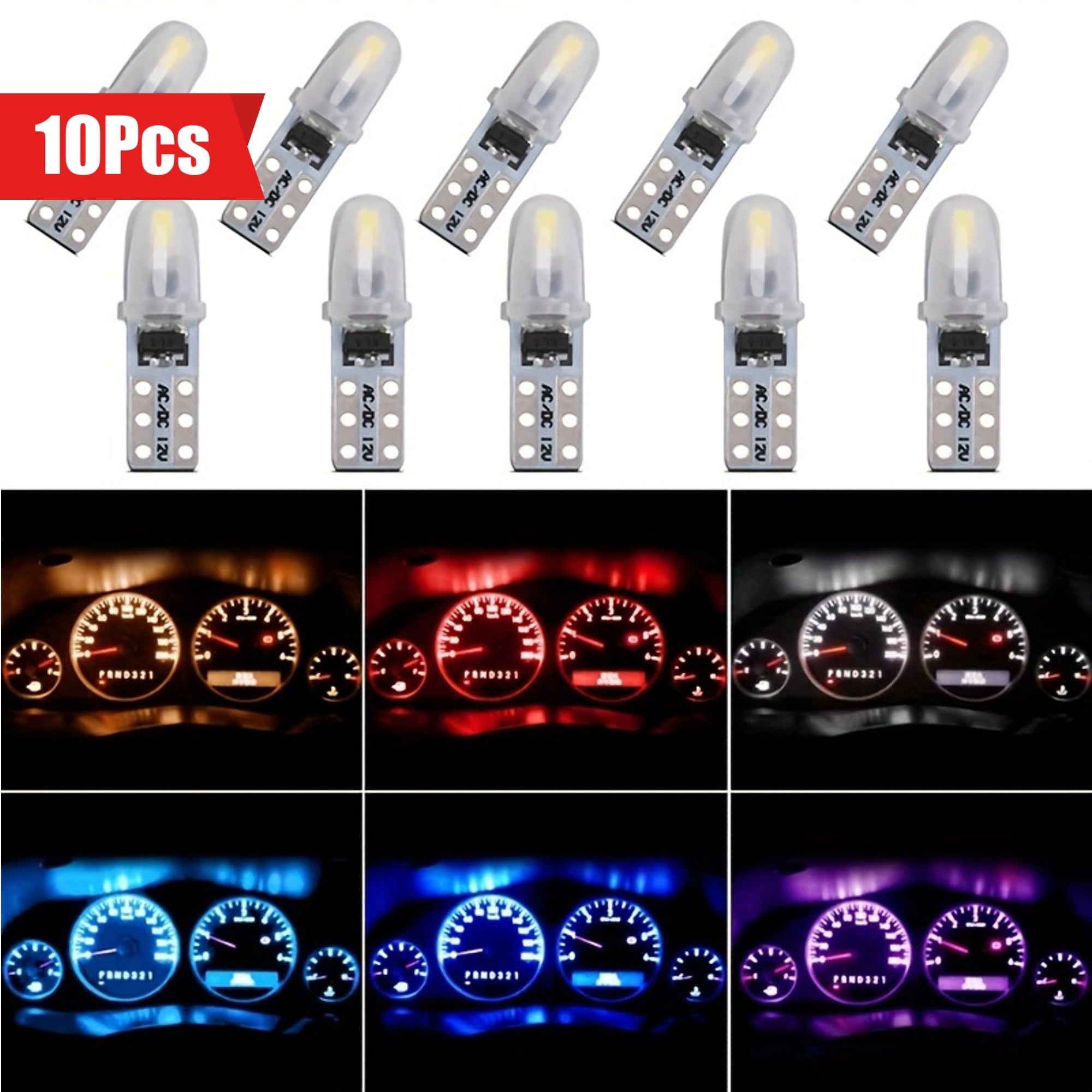 10Pcs T5 LED Indicator Wedge Light Bulbs for Car Dashboard Panel Red White