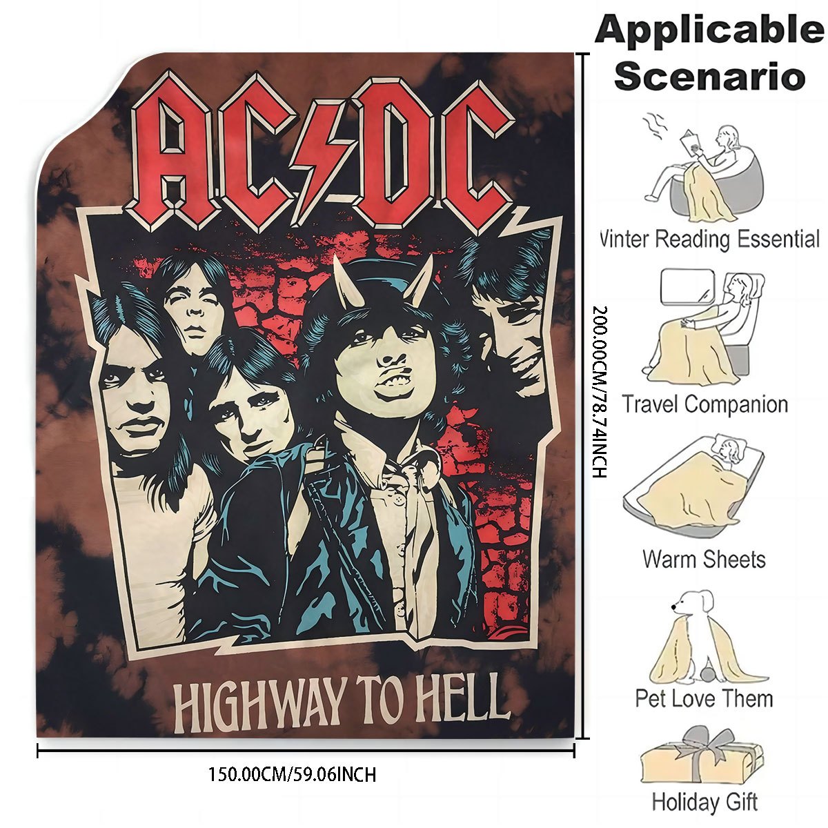 Bu AC/DC "Highway to Hell" flanel tashqi ko'rinishi bilan iliq bo'ling va rok qiling! Rang-barang va allergiyaga qarshi raqamli bosma bilan qulay, bu ko'rpa yotoq xonasi, yashash xonasi yoki divan uchun mukammal. Musiqa ixlosmandlari uchun ideal sovg'a.