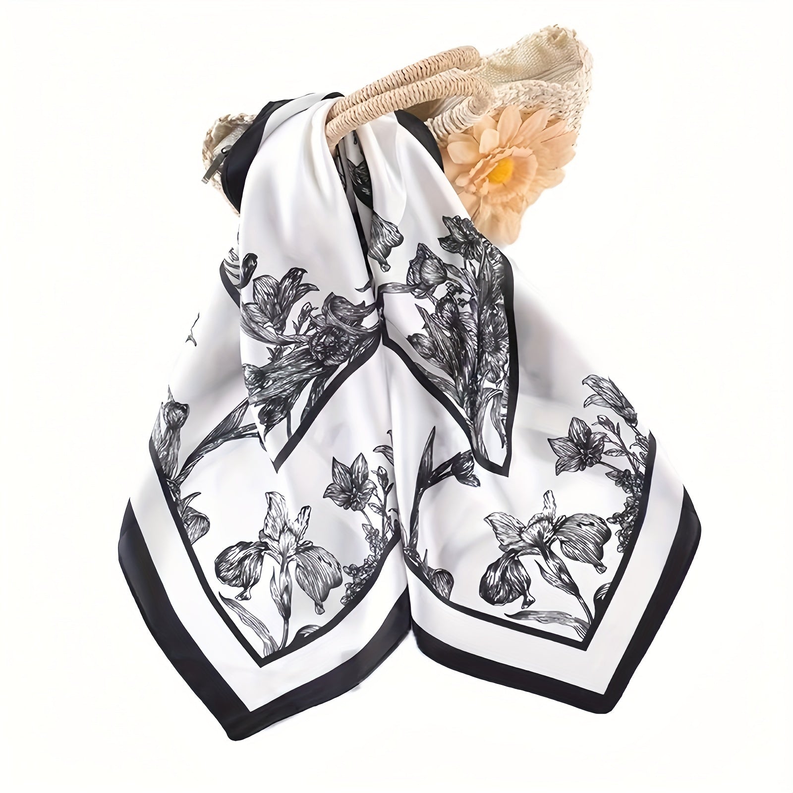 Square Satin Silk Scarf 70cm Monochrome Landscape Print Hair Bandana Neck Wrap