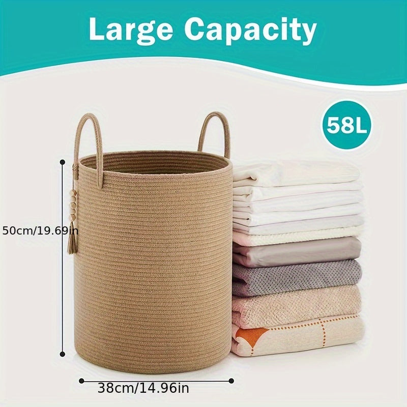 Jute Rope Woven Laundry Basket 58L Collapsible Storage Bin for Clothes and Blankets
