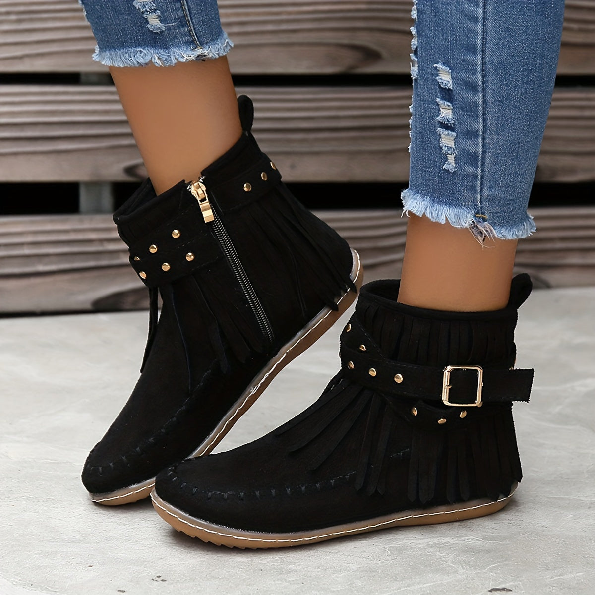 Women's Bohemian Tassel Ankle Boots Soft Flannel Upper Rubber Sole