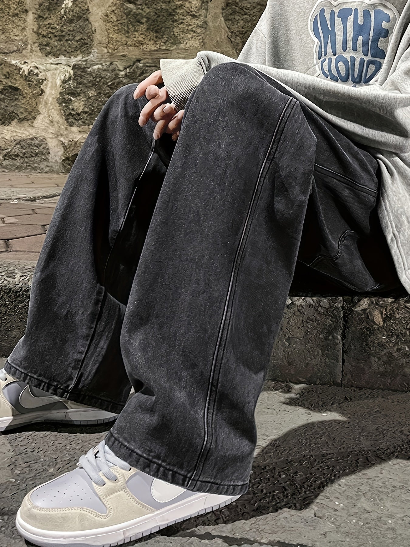 Pantalones vaqueros de color sólido de pierna ancha para hombre, casual y de ocio