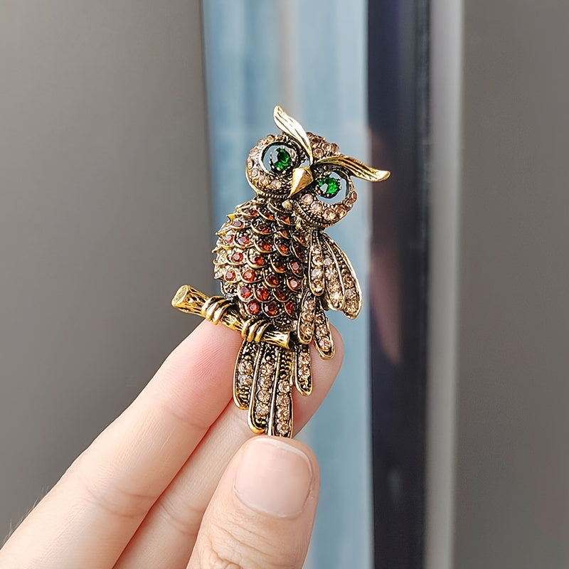 Women's Vintage Owl Brooch Pin with Blue Crystals Elegant Jewelry