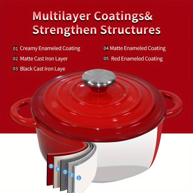 Красная 2 QT эмалированная чугунная голландская печь с крышкой, с двумя ручками - 20,32 см тяжелая кастрюля, идеальная для выпечки, рагу и супов. Непригарная, круглая посуда, идеально подходящая для домашних кухонь.
