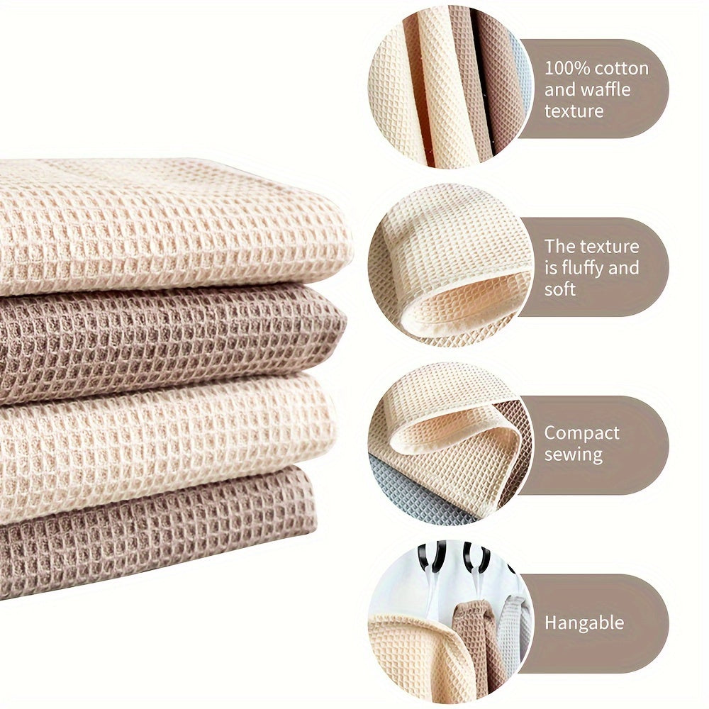 Set of 4 Waffle Textured Cotton Dish Towels with Hanging Loop 13.78x13.78 Inches