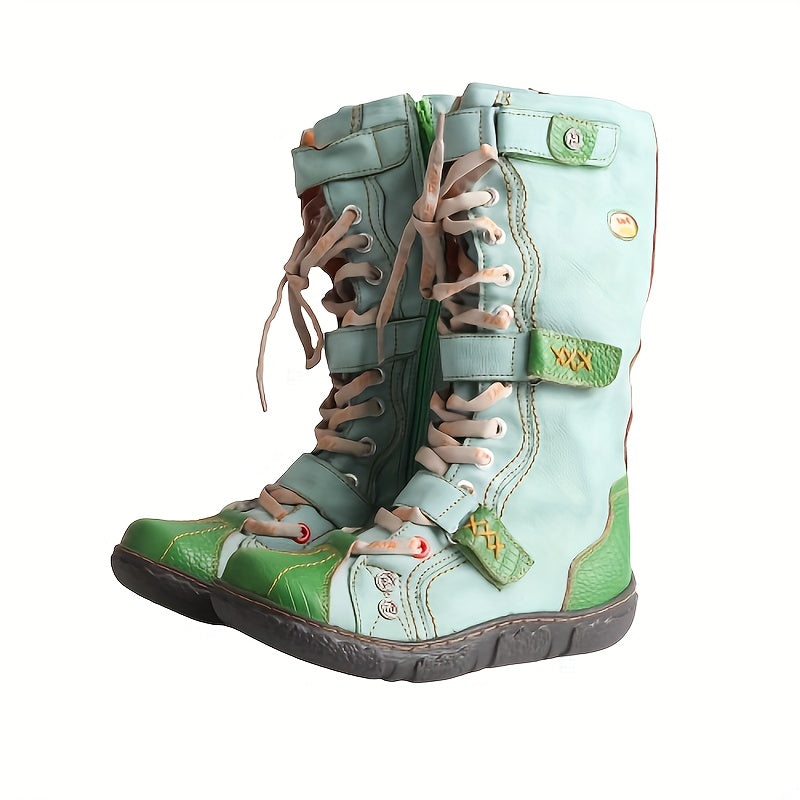 Women's Colorblock Boots with Side Zipper Soft Sole Buckle Platform Western Round Toe