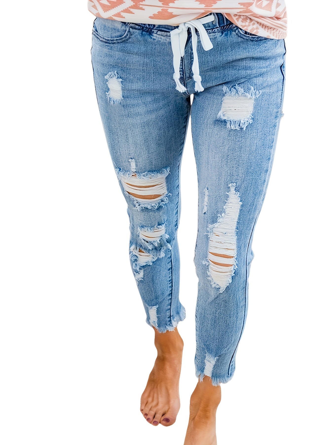 Women's Cropped Stretch Denim Jeans with Raw Hem Light Blue