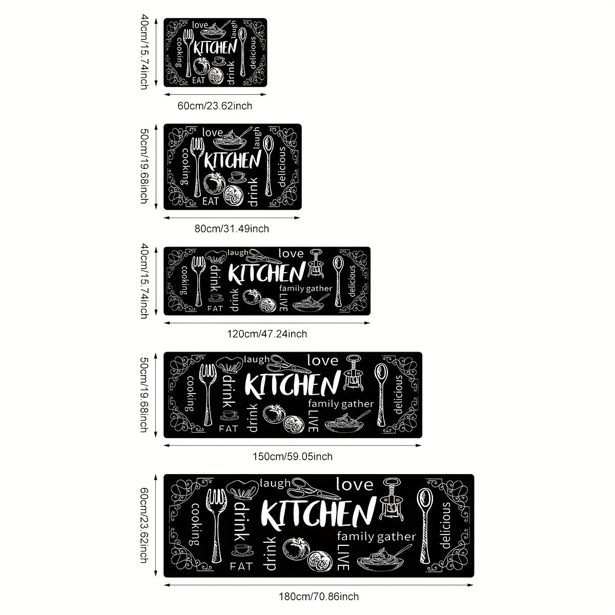 Black Kitchen Floor Mat Non-Slip Washable with Cooking and Dining Themes for Doorways Laundry Bathroom