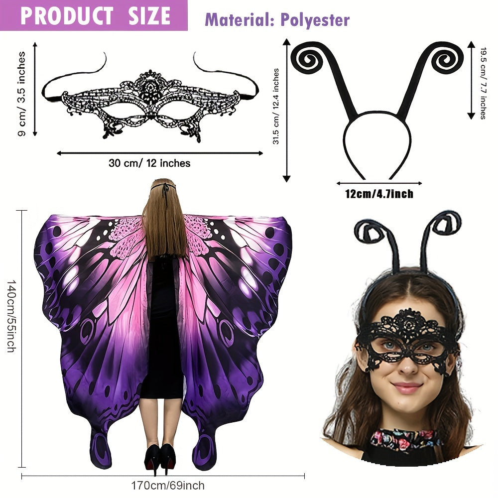 Chal de alas de mariposa para mujer, capa de hada, disfraz de Halloween, poliéster vibrante, spandex