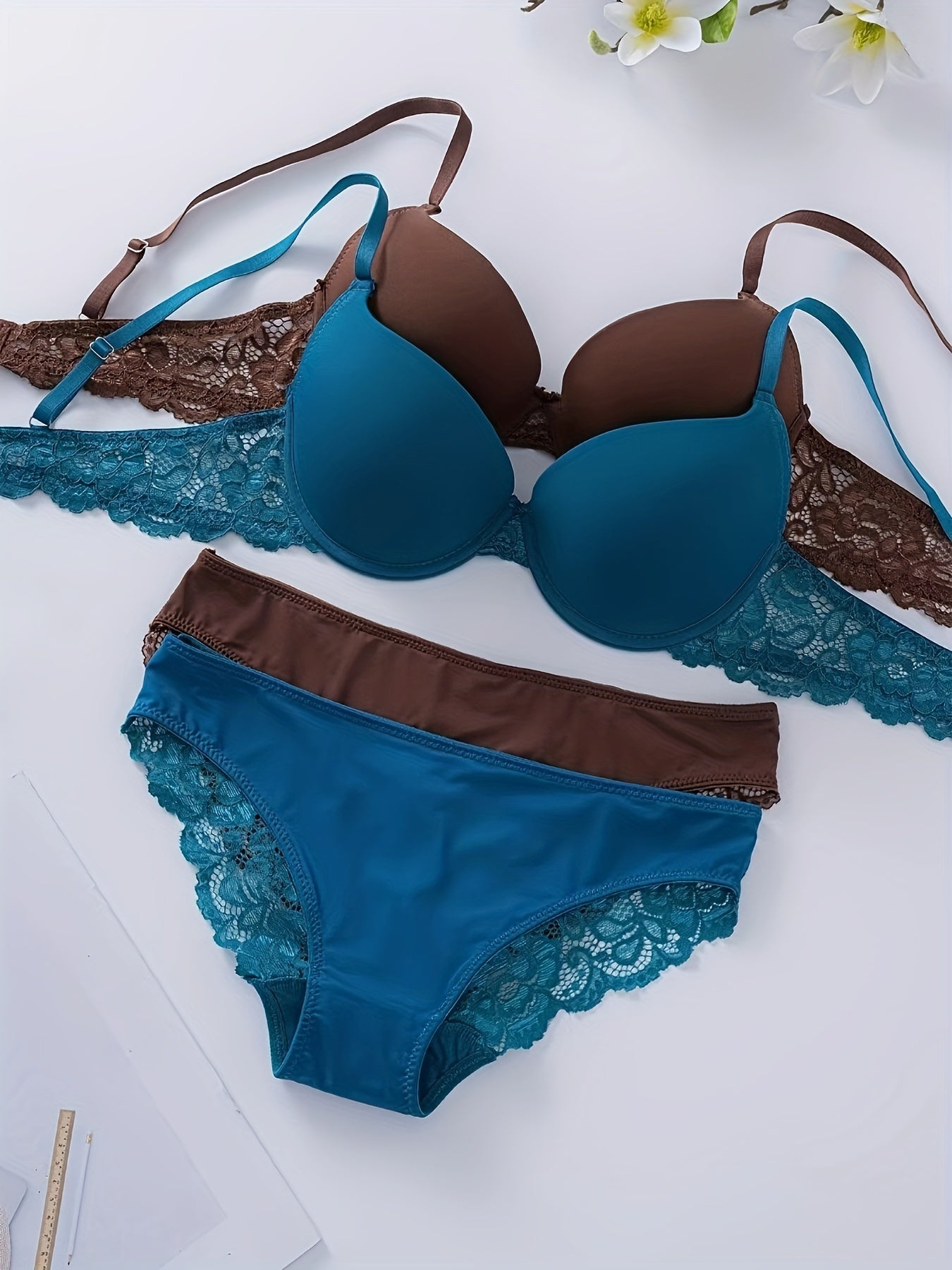 Teal and Brown Lace Lingerie Set with Push-Up Bra and High-Support Panties