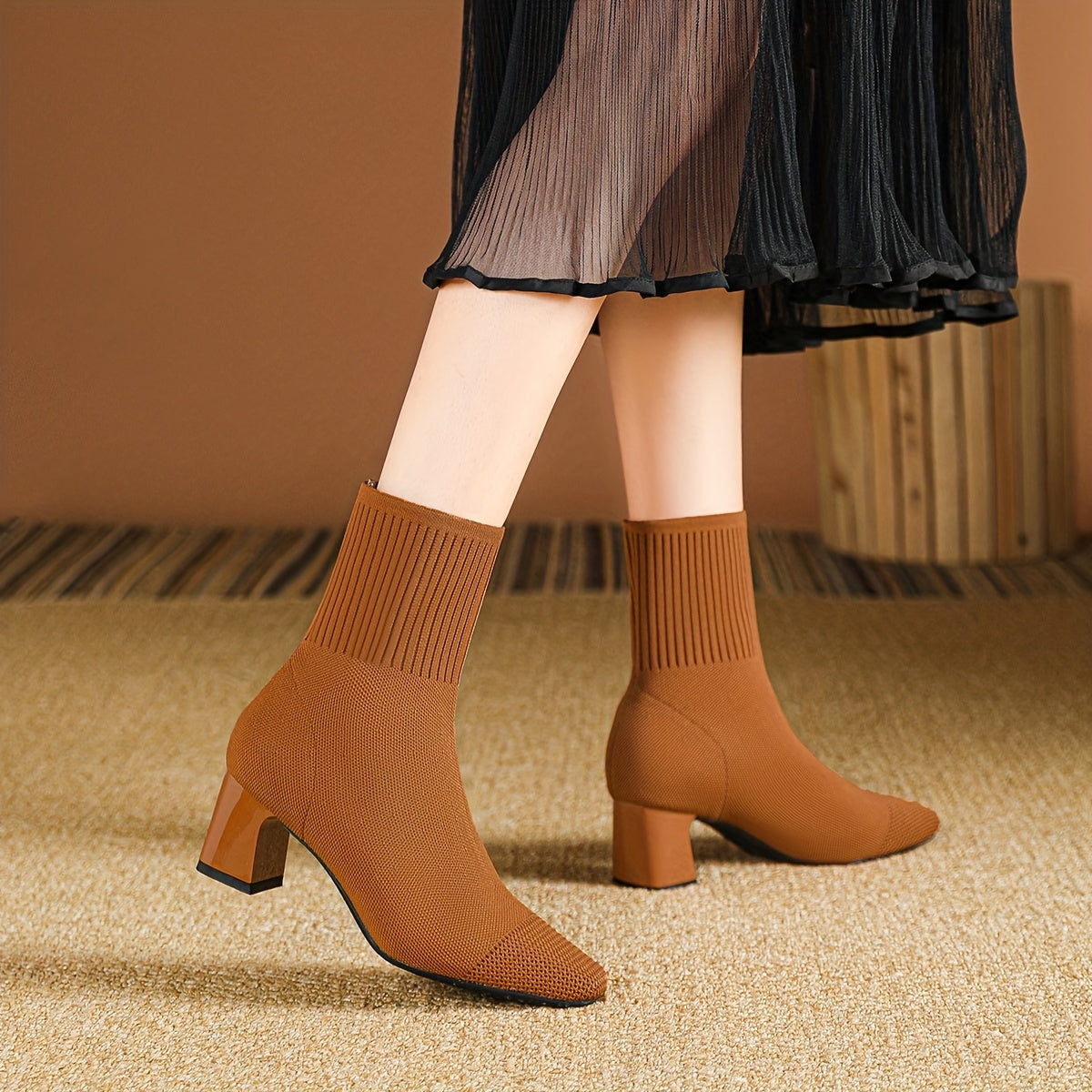 Women's Ankle Boots Breathable Knit Slip-On Block Heel Solid Color