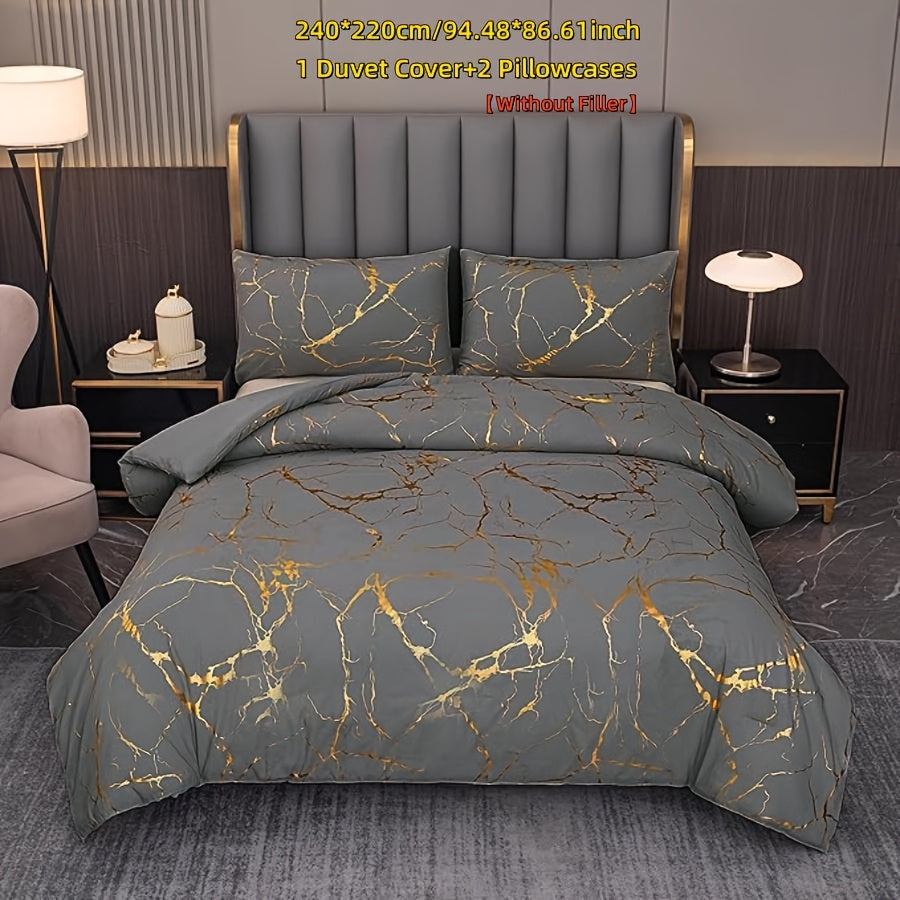 White Marble Pattern Quilt Cover Set with Gold Foil Print 2/3 Pieces Bedding