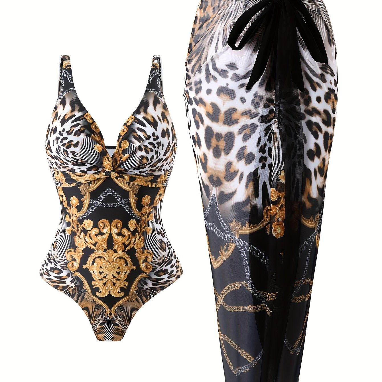 Leopard Print Body Suit Set with Twist Design and Deep V Neck for Women
