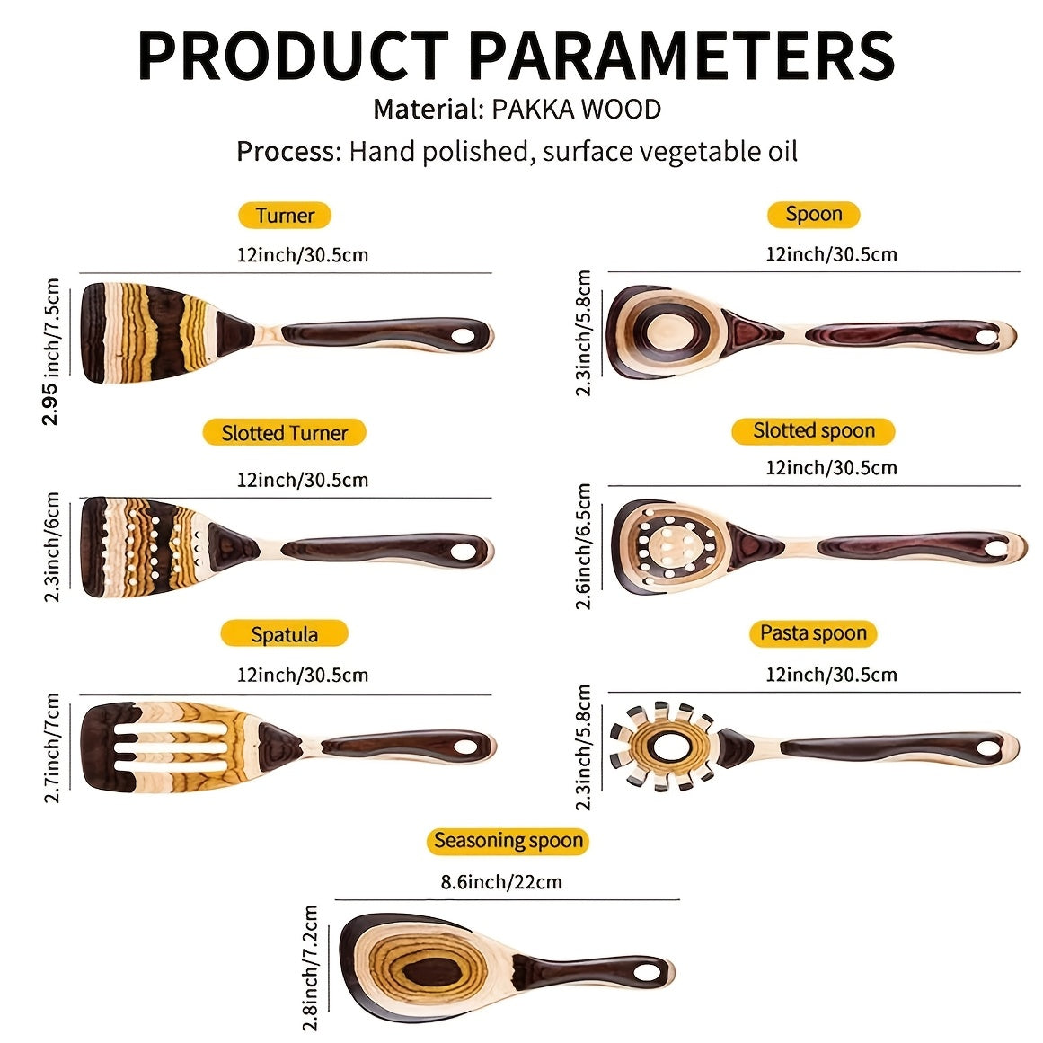 Yog'ochdan yasalgan oshxona asboblari to'plami, Pakkawood qoshig'i va turli oshxona asboblari bilan, ommaviy xarid qilish uchun mavjud.