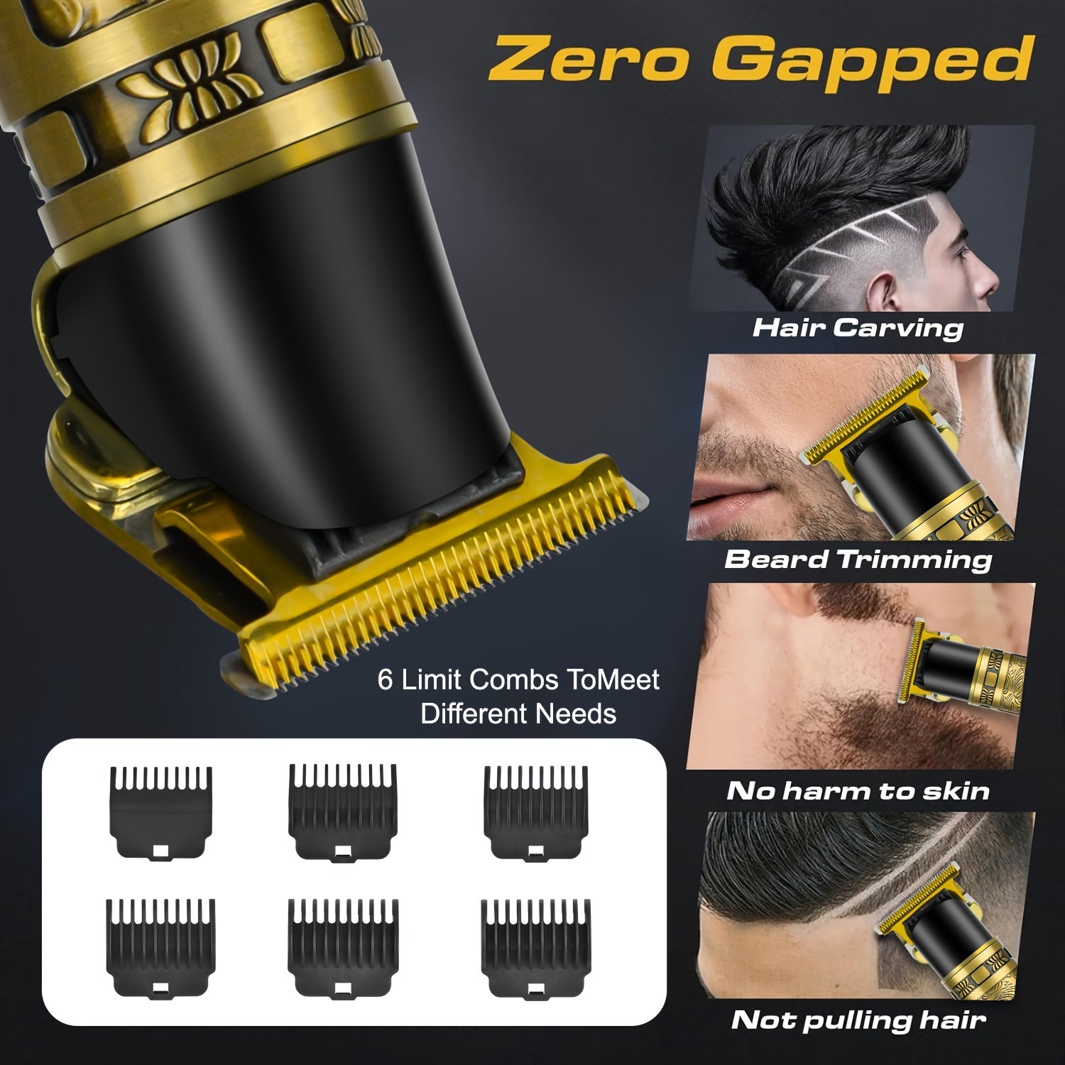 Professional USB Rechargeable Hair Clippers for Men Zero Gapped T-Blade Lithium Battery Guide Combs