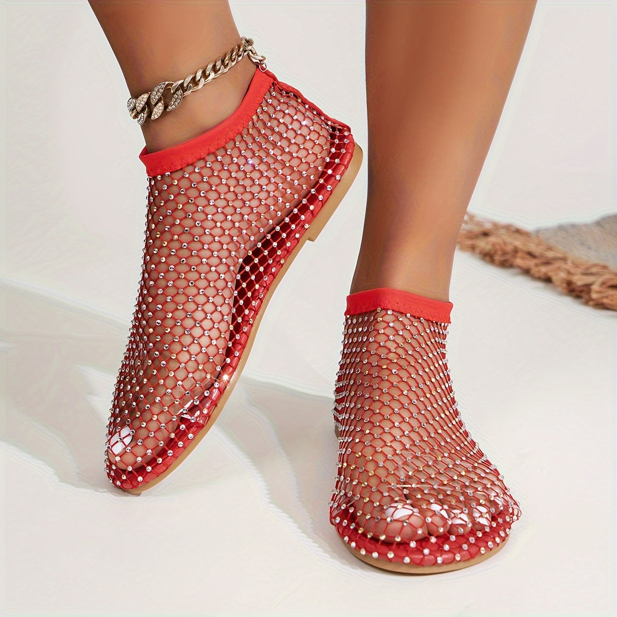 Women's Rhinestone Pattern Slip-On Flat Sandals with Hollow Out Design for Summer Beach Wear