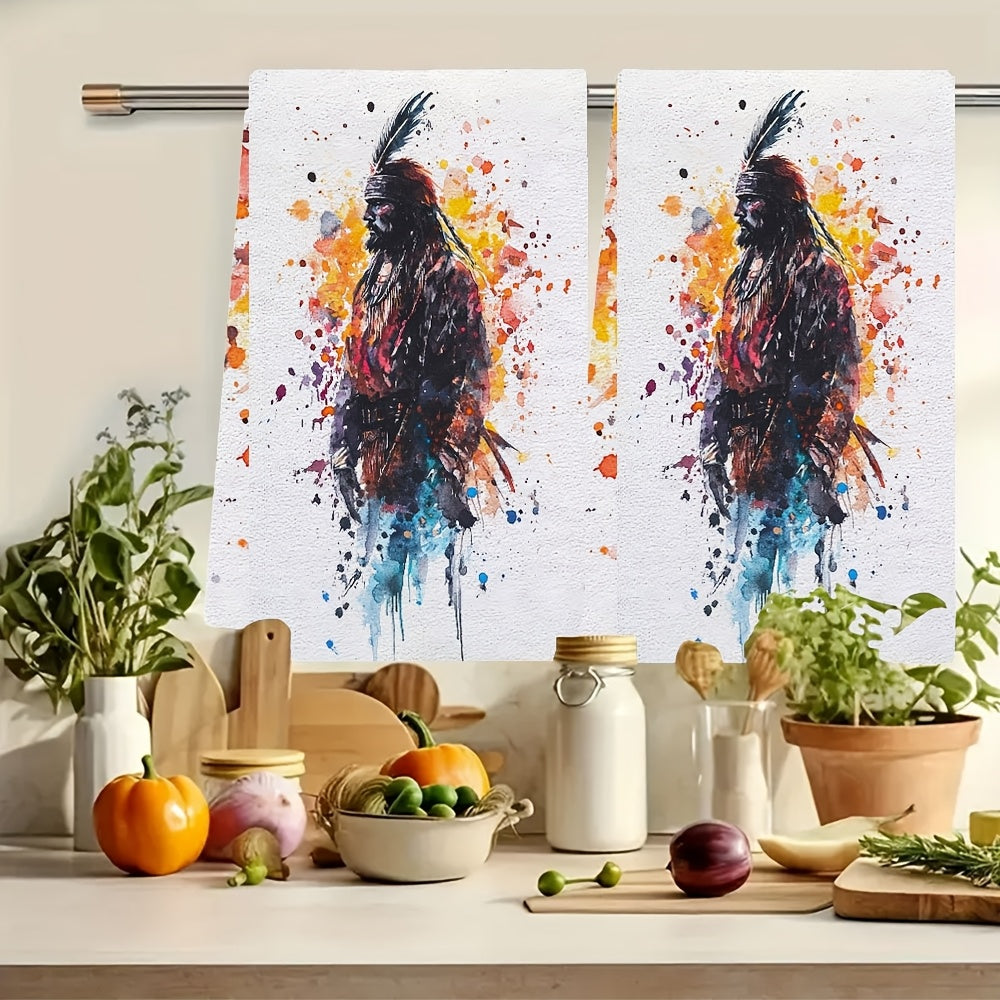 Set of 2 Absorbent Kitchen Towels with Sitting Bull Quote, 40x60 cm