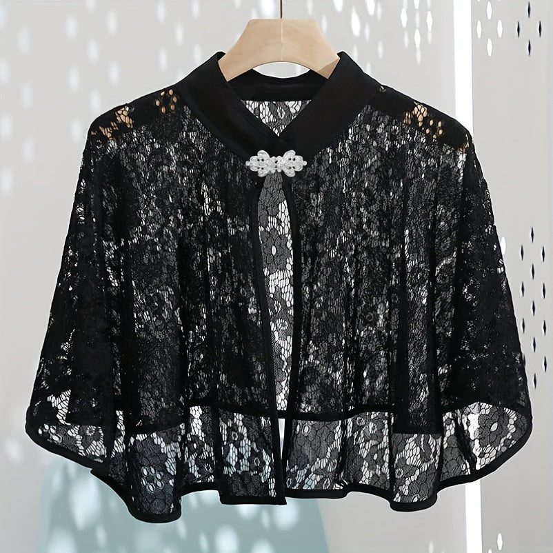 Lightweight Polyester Cape with Vintage Lace Shawl and Buckle for Evening Sun Protection