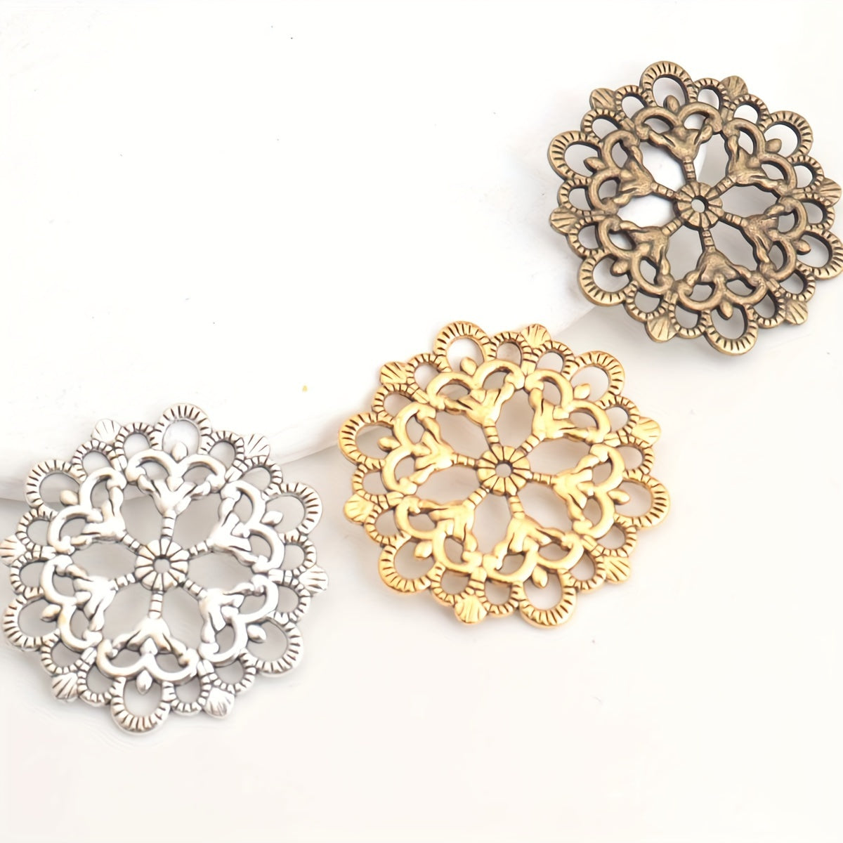 Set of 30 Antique Silver and Gold Hollow Lace Flower Round Pendants 30mm for Jewelry Making and Decorations