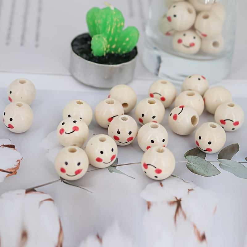 Round Wooden Beads with Happy Face Pattern for DIY Jewelry and Crafts 10mm 12mm 14mm 16mm 25mm Pack of 20 50 or 100