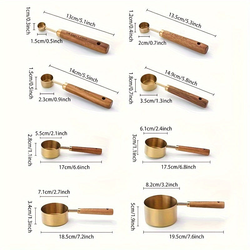 Set of 8 Stainless Steel Measuring Cups and Spoons with Acacia Wood Handles