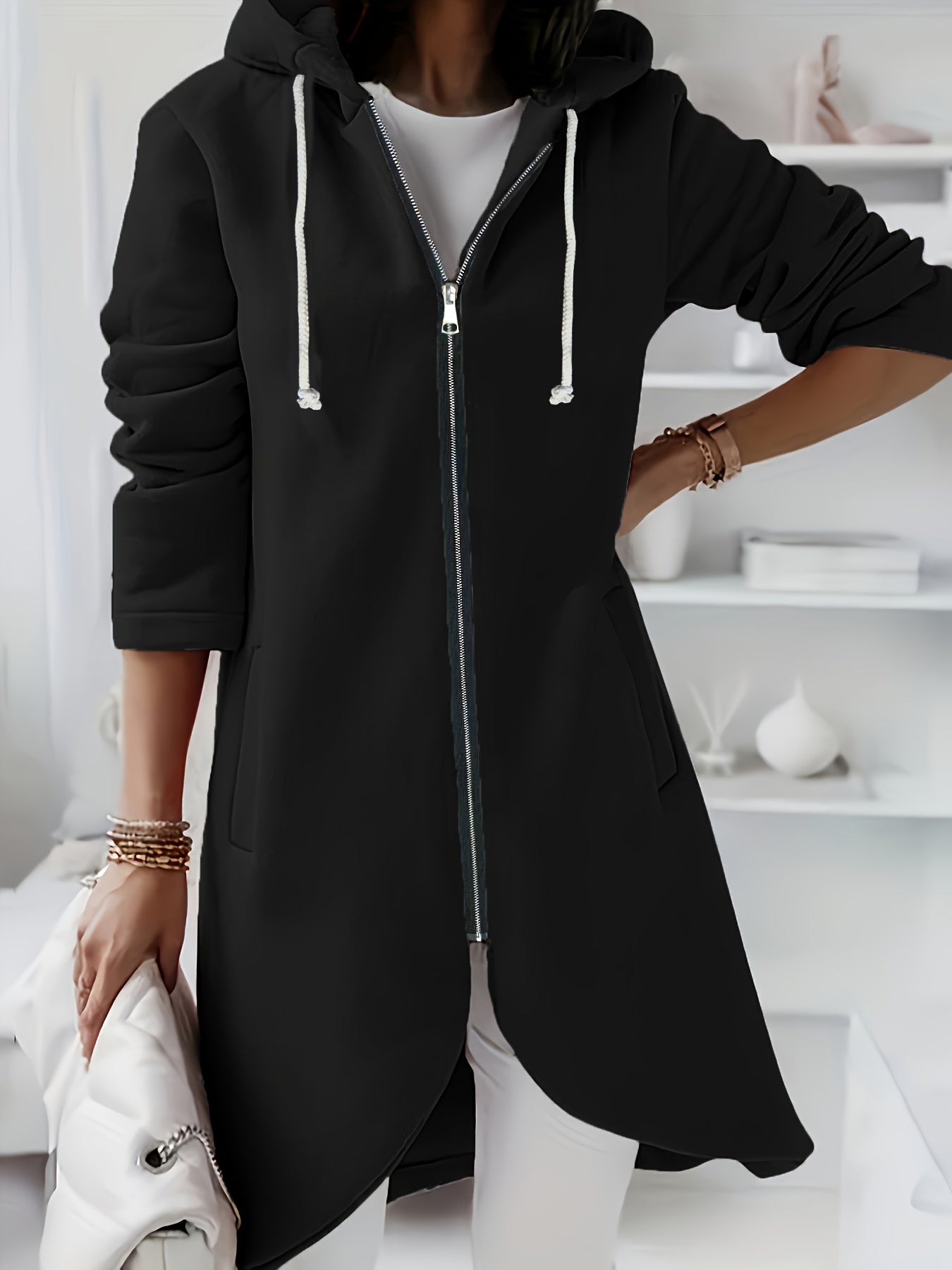 Women's Fleece-Lined Zip-Up Hoodie Casual Street Style Dark Green Drawstring Pocket
